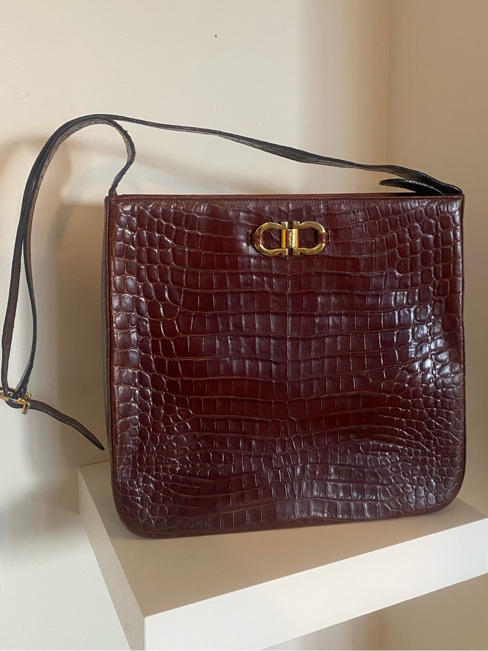 Salvatore Ferragamo Brown Croc-Embossed Leather Shoulder Bag w/ Gold Logo Charm